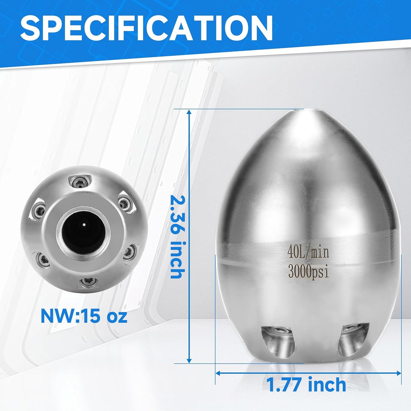 💦 3000 PSI 40 L/Min 3/8'' NPT Stainless Steel Sewer Jetter Nozzle for Pressure Washers
