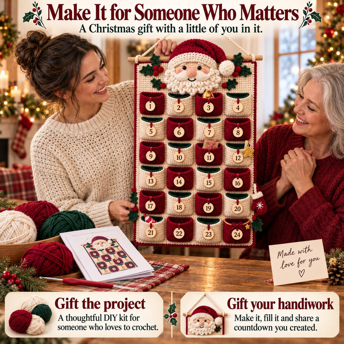 ⏳ Last Day 49% OFF – 🎄 24-Pocket DIY Christmas Crochet Advent Calendar Kit with Moveable Star Marker 🧶