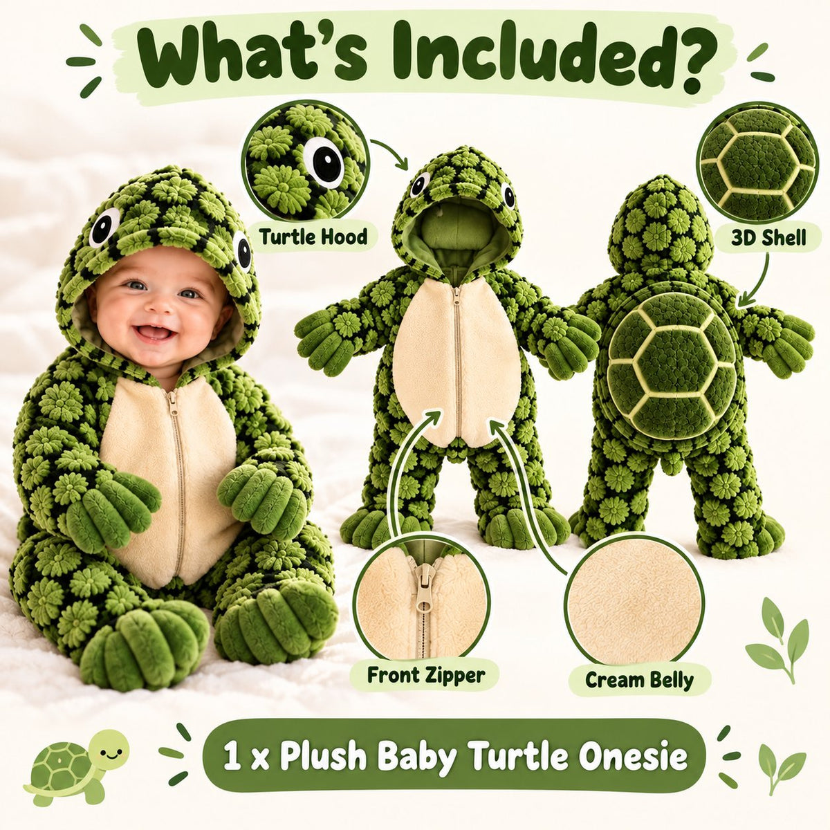Little Turtle Plush 3D Shell Baby Onesie β Cute Hooded Cozy Romper