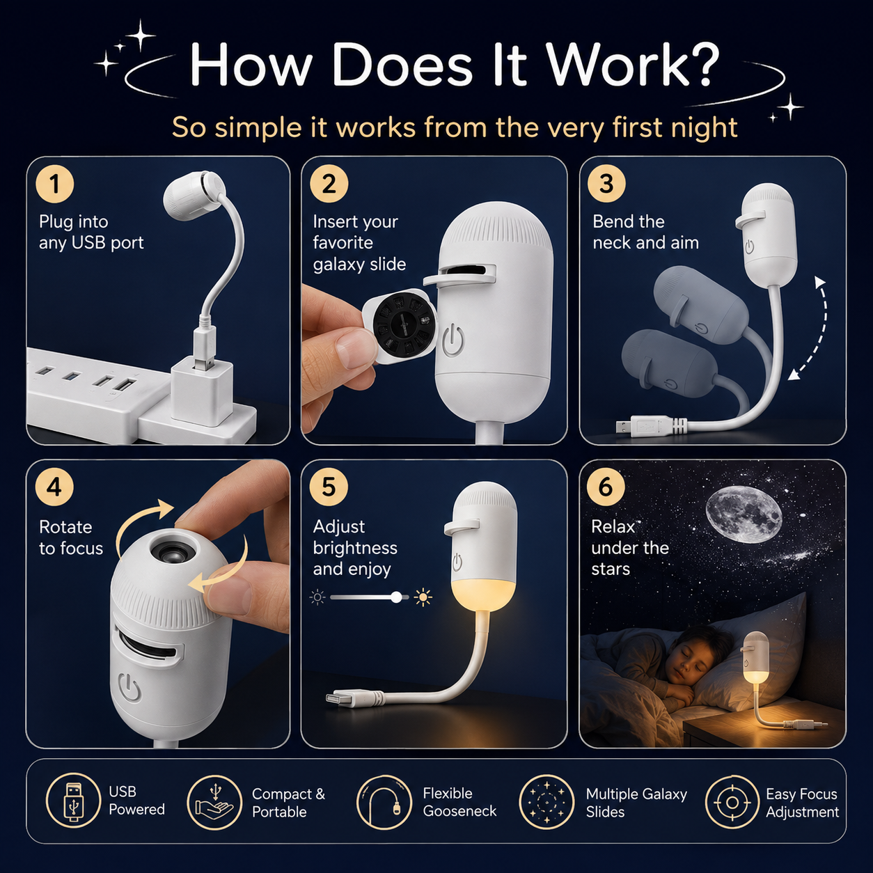 USB Galaxy Star Projector Night Light with Multiple Effects