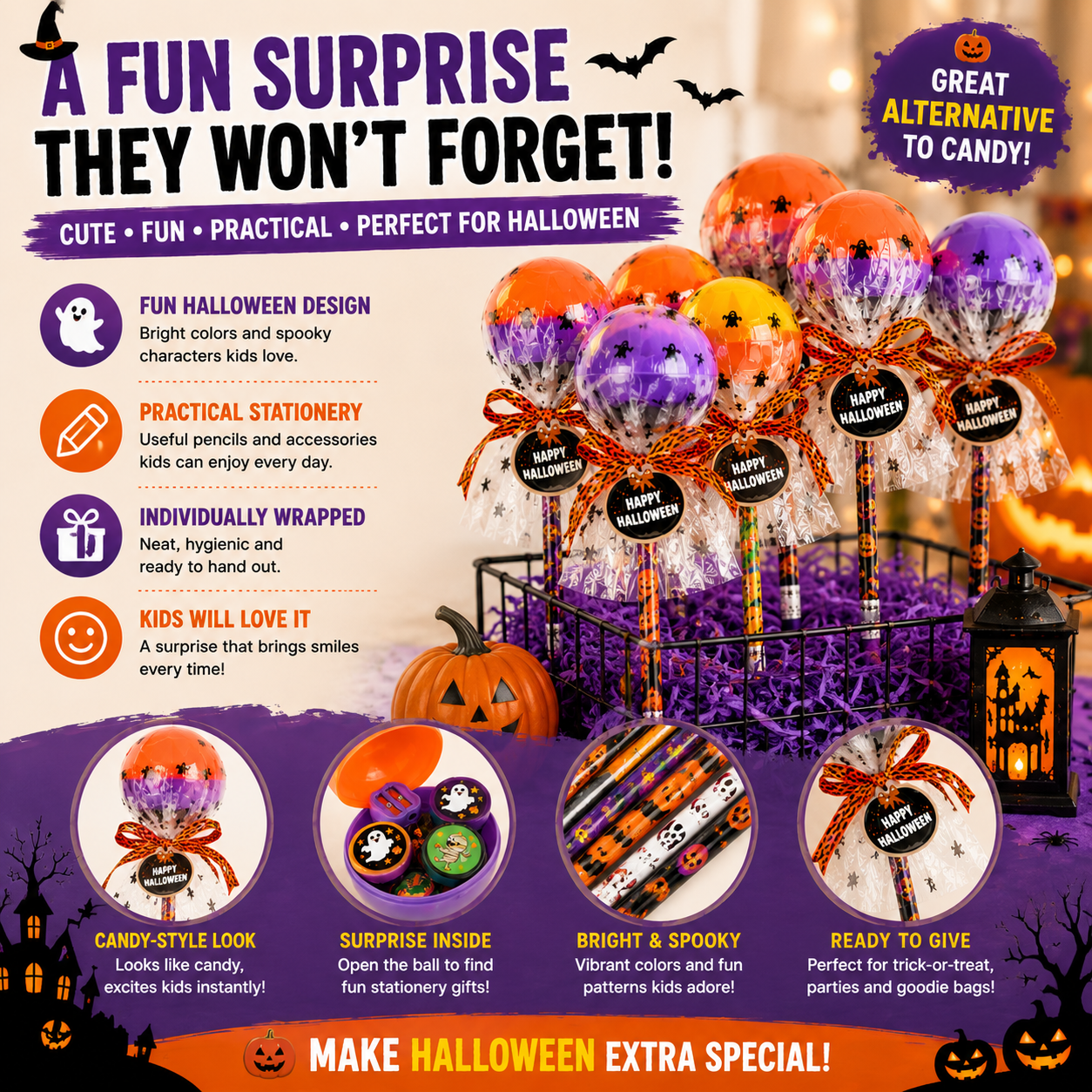 π24pcs Halloween Surprise Pencil Gift β Candy-Style Trick-or-Treat Favor for Kids