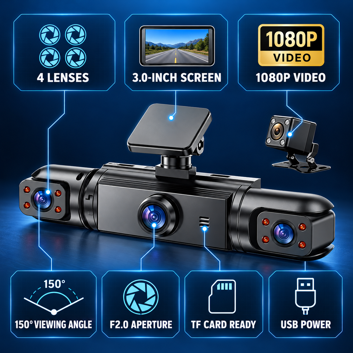 🚗📸 4-Lens 1080P Dash Cam — See Front, Left, Right & Rear in One Drive