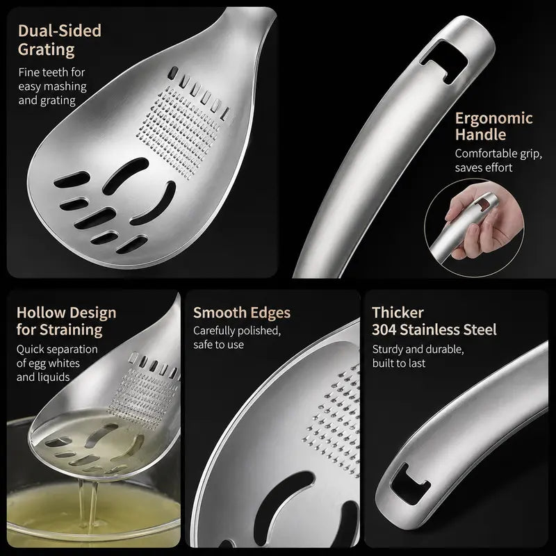 🔥48% OFF 5-in-1 Stainless Steel Kitchen Spoon ✨ Egg Separator, Grater, Masher & Strainer