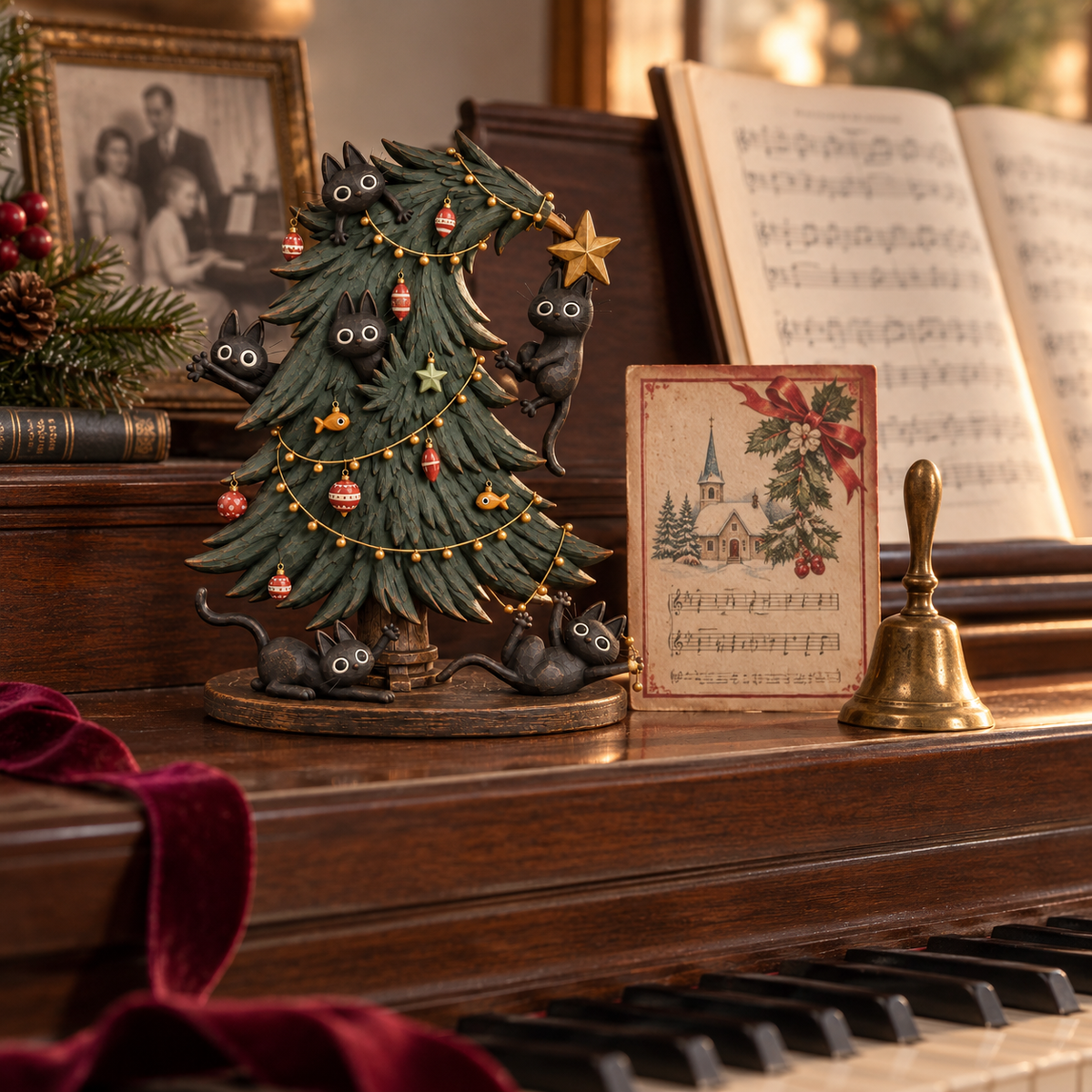 🐈⬛🎄 Mischievous Black Cat Christmas Tree Figurine
