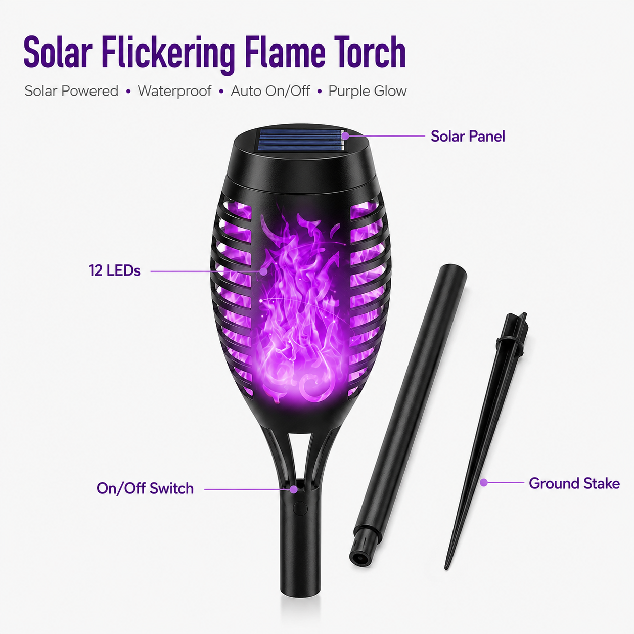 6-Pack Solar Halloween Torch Lights:Purple Flickering Flame, Waterproof Yard Pathway Patio Decor