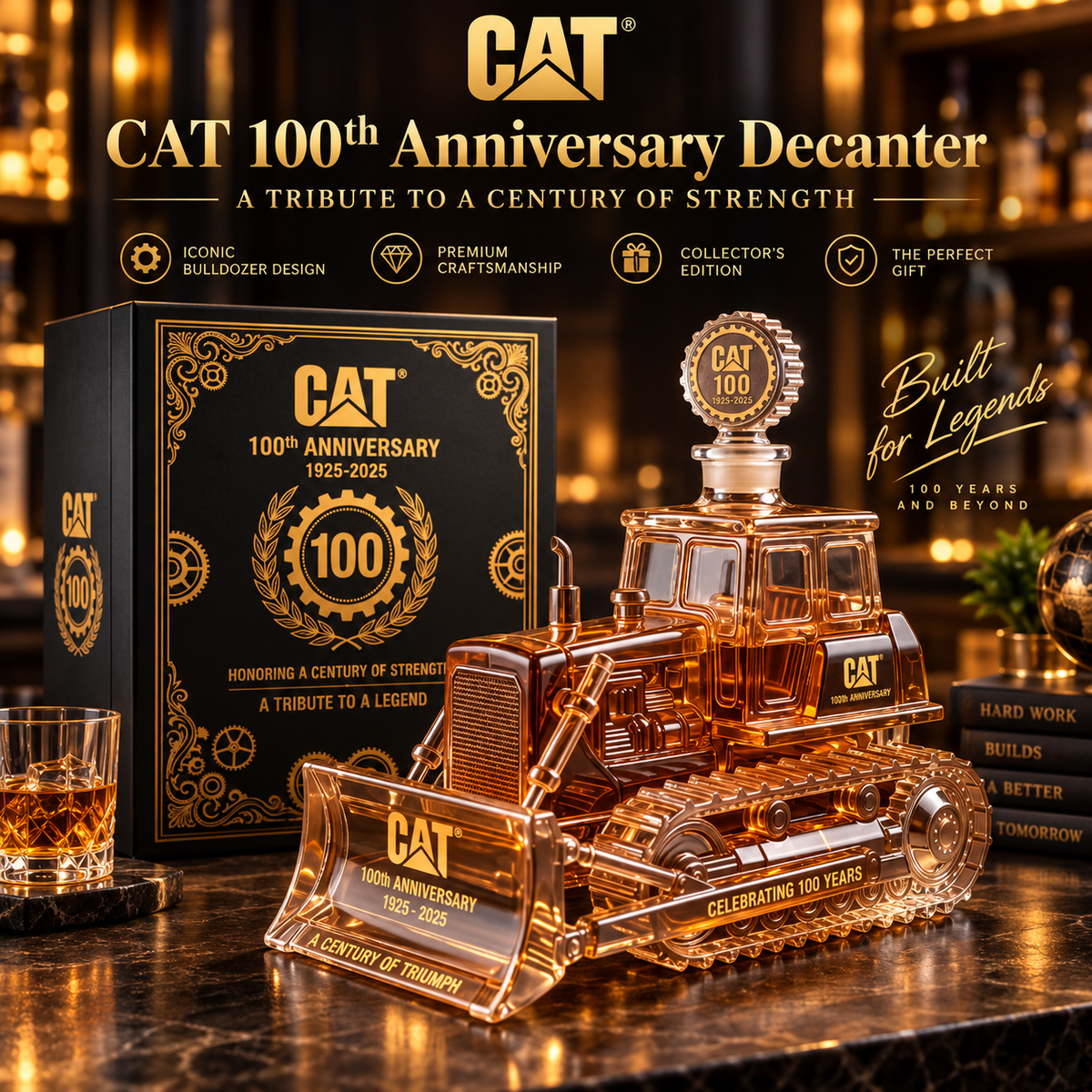 🚜 CAT 100th Anniversary Bulldozer Lead-Free Crystal Whiskey Decanter Collector's Gift 🥃