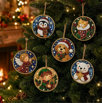 ๐ 6-Piece DIY Diamond Painting Wooden Christmas Ornament Kit โ Handmade Holiday Tree Decorations