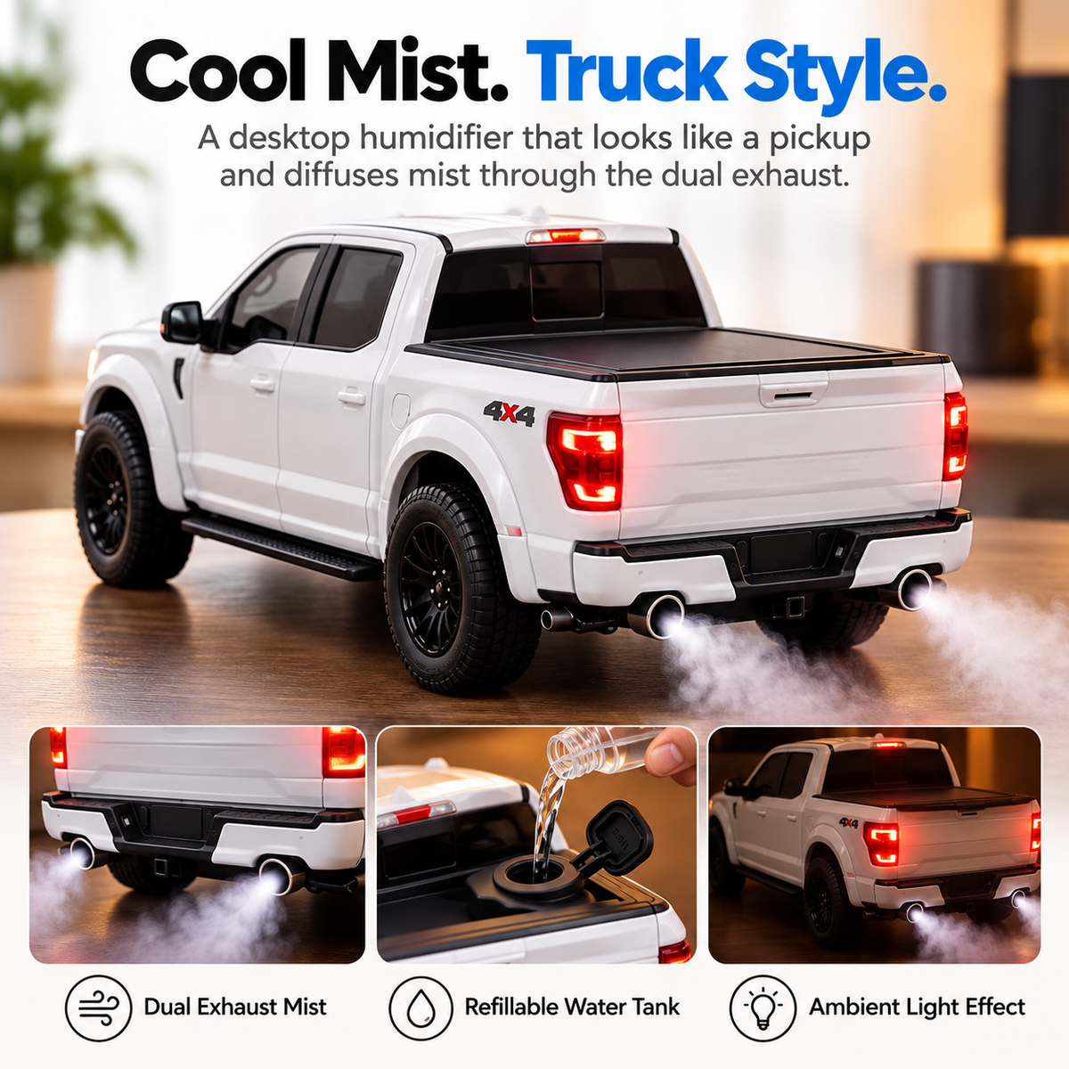 ๐ป๐จ 4x4 Pickup Truck Humidifier ๐โจ Realistic Dual Exhaust Mist ๐ซ๏ธ๐ก LED Light-Up Truck Model ๐ฎ๐ Cool Gift for Truck Lovers