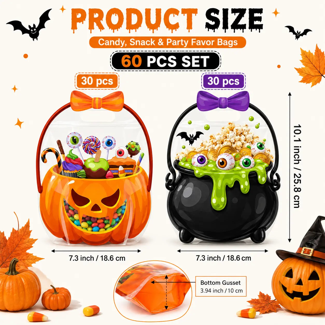 🎃 50% OFF 60 PCS Halloween Goodie Bags Set 🧡 Pumpkin & Cauldron Treat Bags for Trick or Treat Candy Party Favors