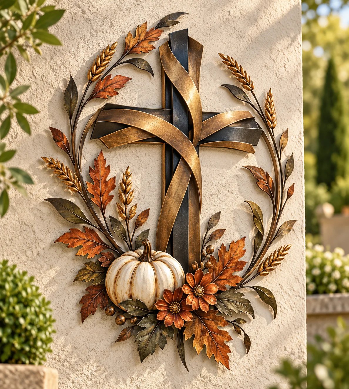 โ๏ธ๐ Autumn Cross & Pumpkin Harvest Metal Wall Decor