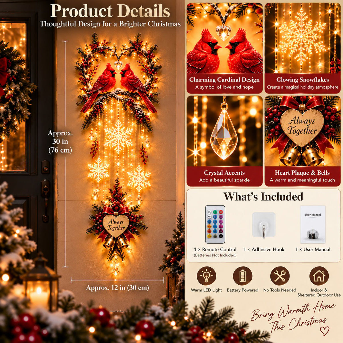 🐦✨ Two Hearts in Winter™ | Lighted Cardinal Christmas Wall Decor