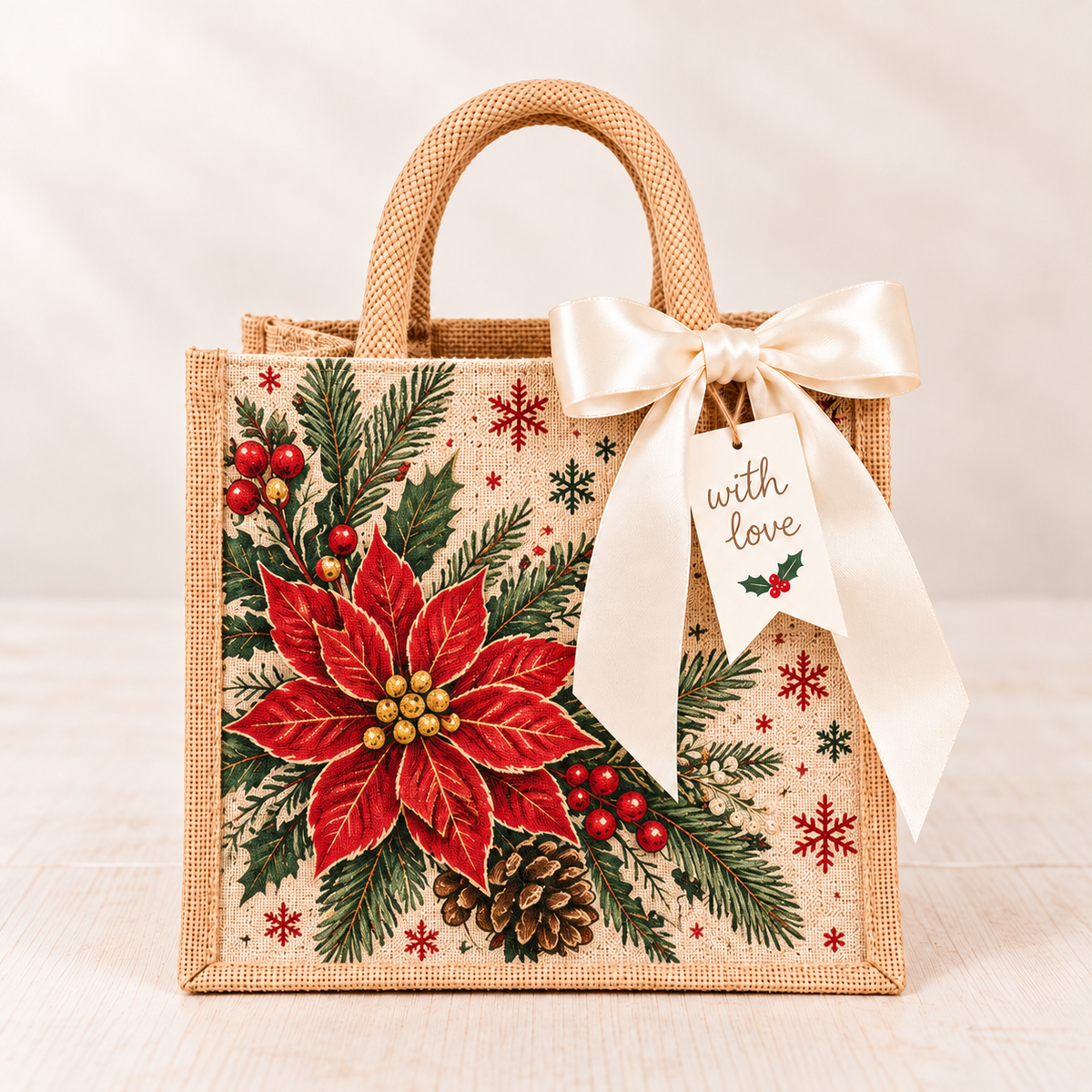🎁 Vintage Christmas Burlap Gift Tote Bag – Reusable Rustic Holiday Gift Bag with Ribbon & Gift Tag