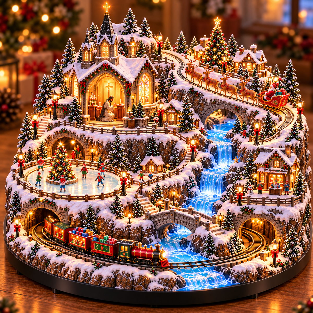 🔥 LAST DAY 49% OFF 🔥 Lighted Animated Christmas Village with Train, Reindeer Sleigh & Waterfall ✨
