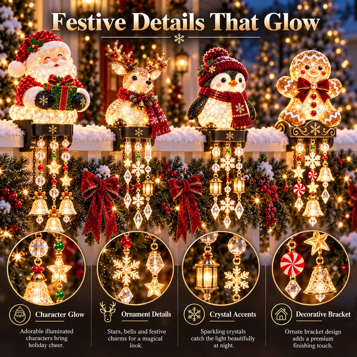 ✨ Lighted Christmas Porch Railing Hanging Characters with Cascading LED Ornaments 🎄