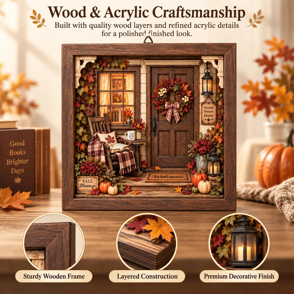 🍂 Autumn Reading Porch DIY 3D Wooden Shadow Box Craft Kit for Fall Decor 📚