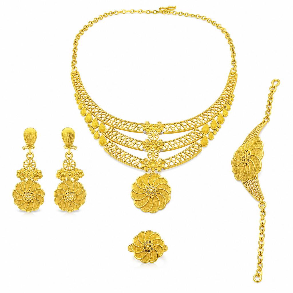 πβ¨24K Gold Plated Royal Golden Bridal Jewelry Collection β Elegant Necklace, Earrings, Bracelet & Ring Set