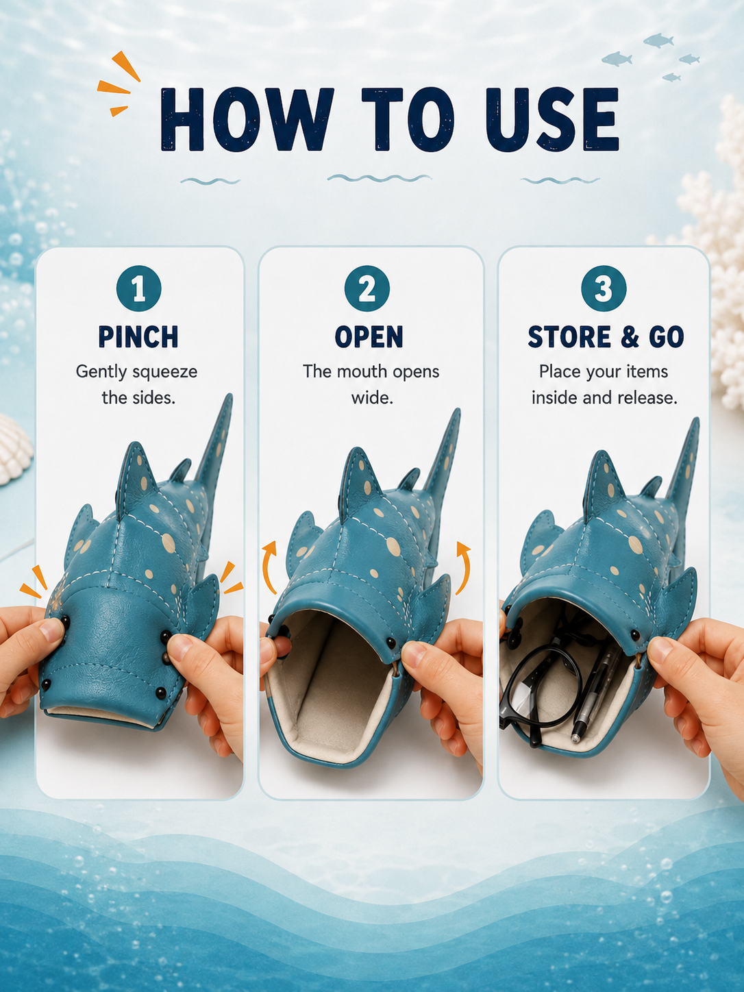 🦈 50% OFF 3D Whale Shark Storage Pouch – Squeeze-Open Glasses & Pencil Case