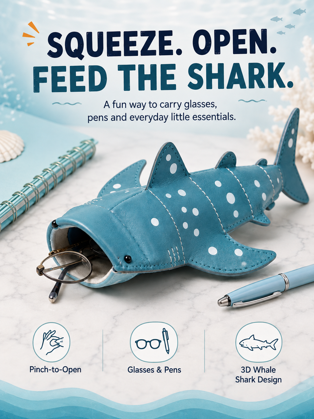 🦈 50% OFF 3D Whale Shark Storage Pouch – Squeeze-Open Glasses & Pencil Case