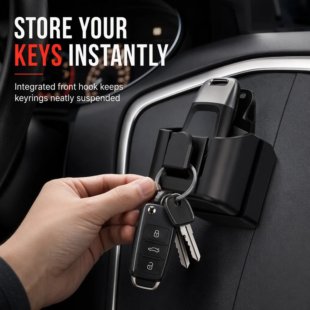 🚗 Car Key Fob Holder with Hook – Dashboard Key & Access Card Organizer