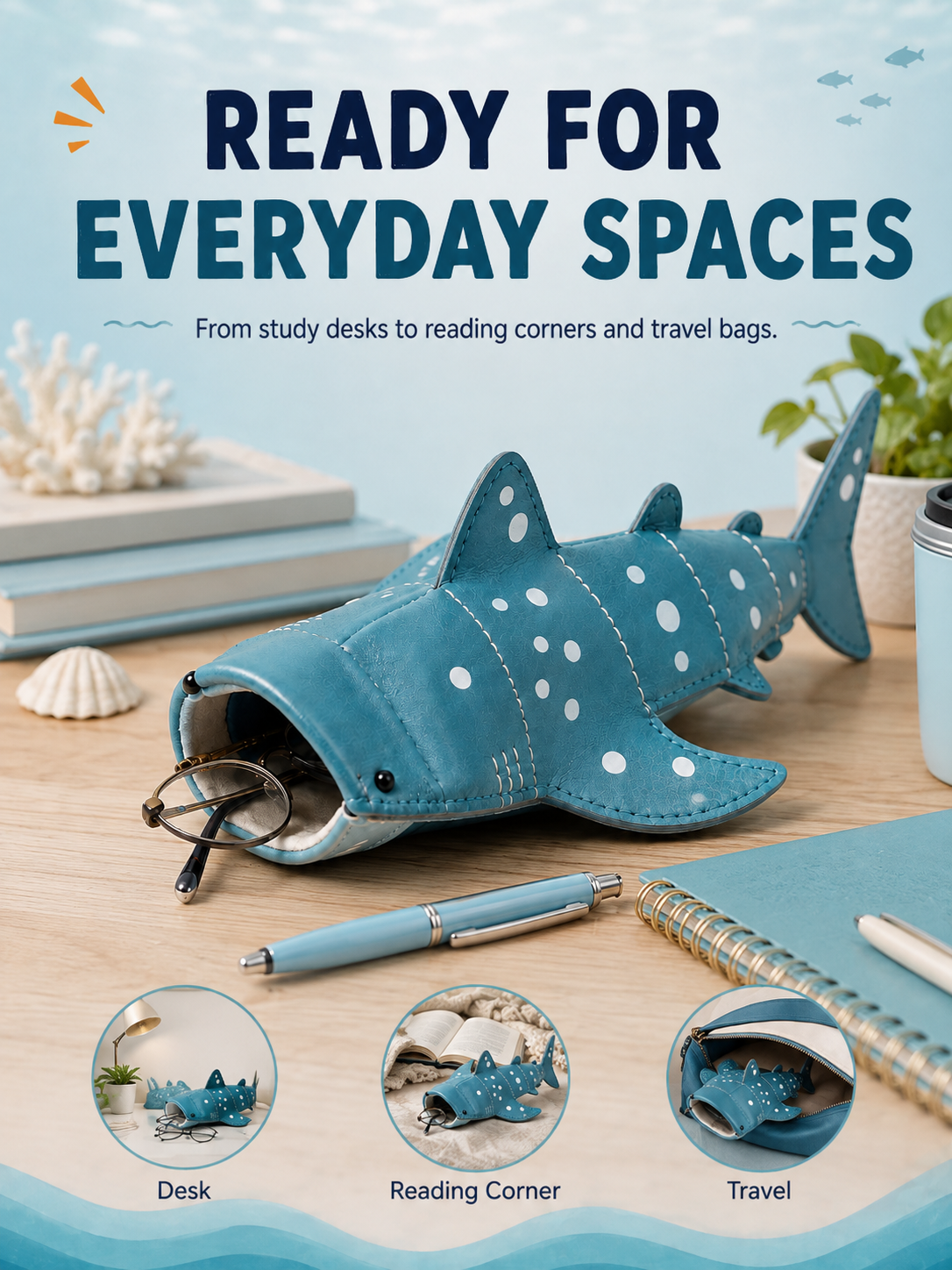 🦈 50% OFF 3D Whale Shark Storage Pouch – Squeeze-Open Glasses & Pencil Case