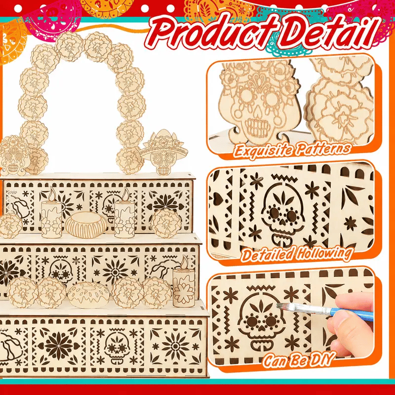 🔥 50% OFF 🌼 3-Tier Día de los Muertos Wooden Ofrenda Centerpiece