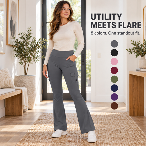 🧘‍♀️ Only 49% OFF Today High-Waisted Flare Cargo Yoga Pants – Tummy Control & Leg-Lengthening Fit