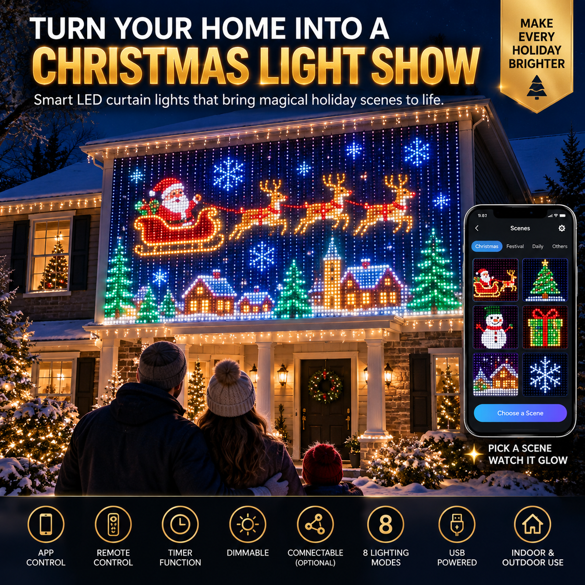 📱 SMART CHRISTMAS LIGHTS | App Controlled LED Curtain – Animated Pixel Display for Windows, Walls & Holiday Decor