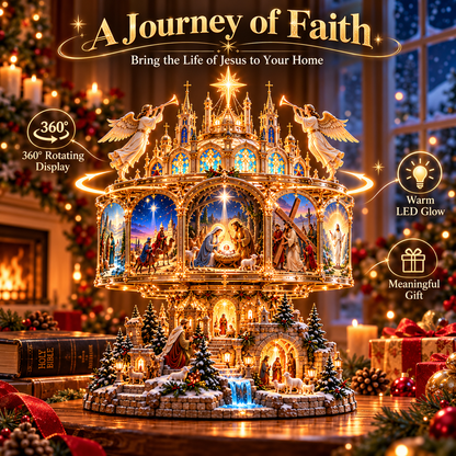 🔥LAST DAY 49% OFF✝️✨ Journey of Faith™ – 360° Rotating Lighted Bible Story Nativity Display with Angelic Cathedral & Sacred Scenes