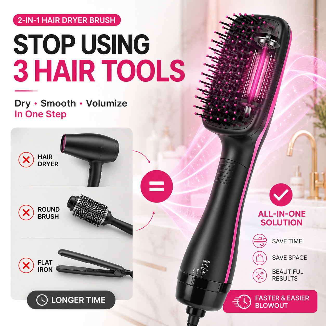 🔥 49% OFF 2-in-1 Hair Dryer Brush ✨ Ionic Hot Air Volumizer & Styler