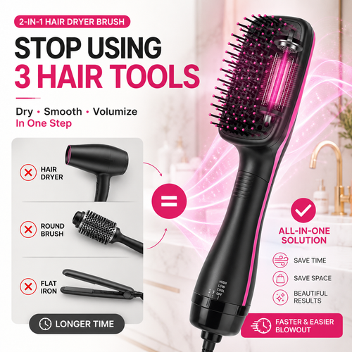 🔥 49% OFF 2-in-1 Hair Dryer Brush ✨ Ionic Hot Air Volumizer & Styler