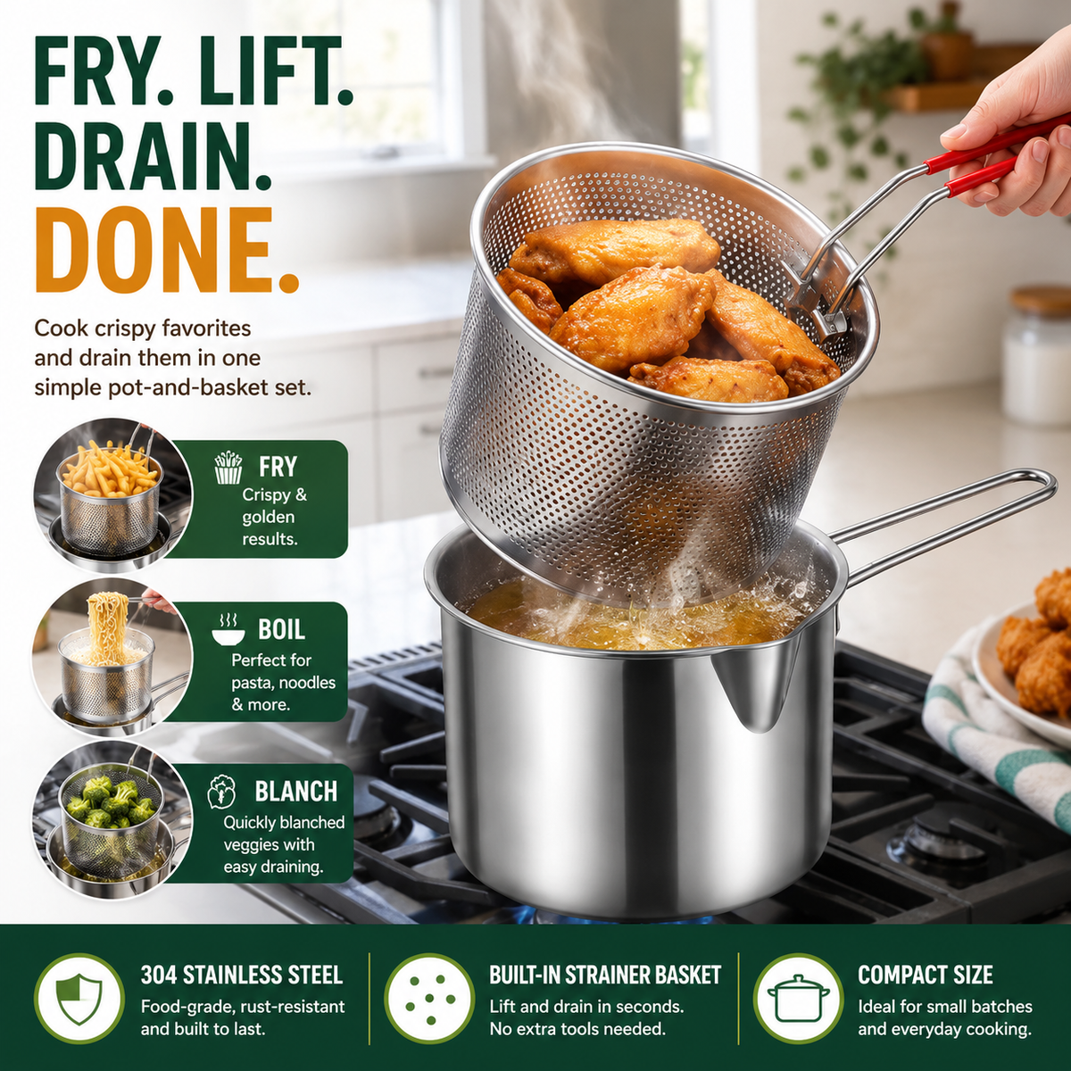 🍟 304 Stainless Steel Deep Frying Pot with Strainer Basket 💧