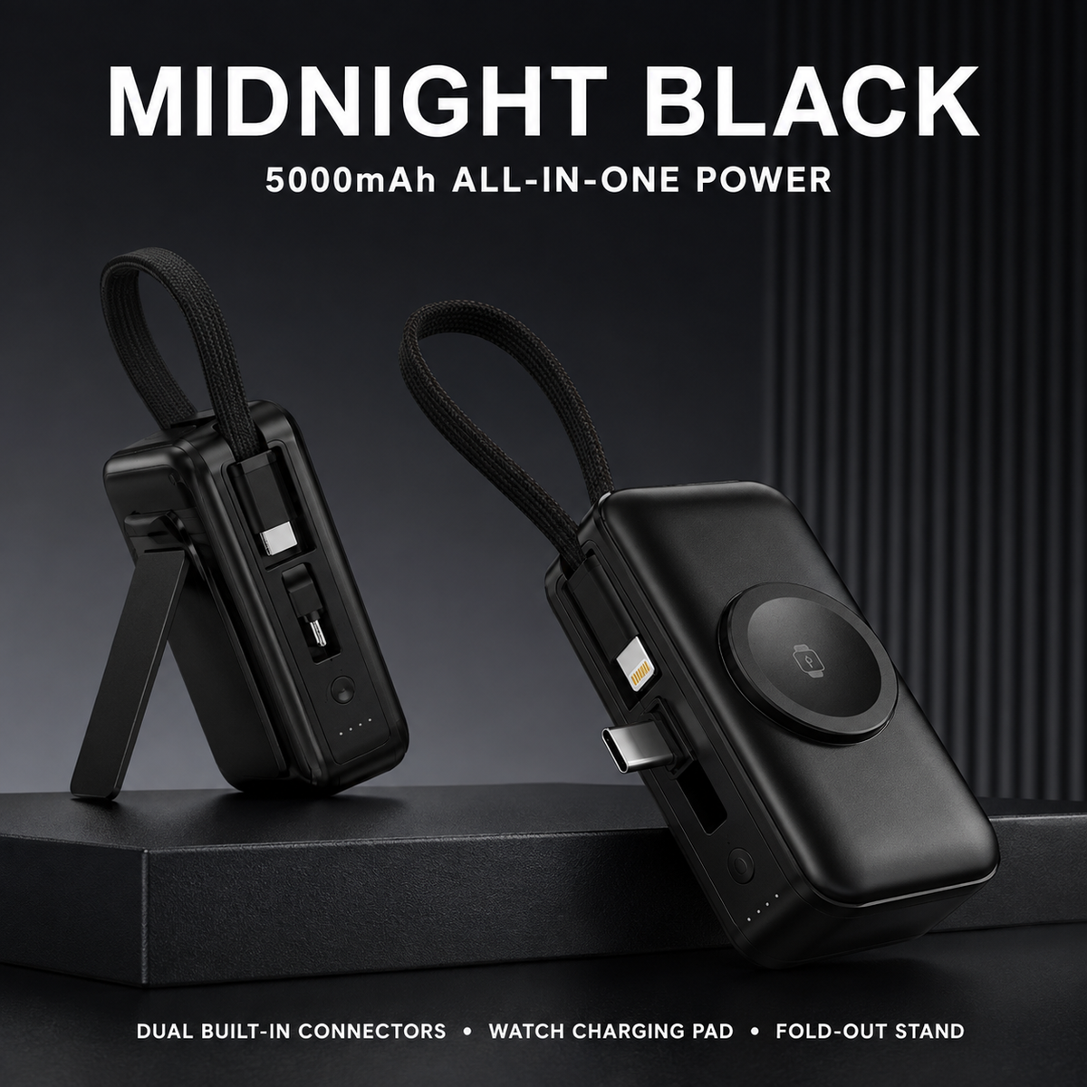 🔋 5000mAh Mini Power Bank – Dual Connectors, Watch Charger & Stand