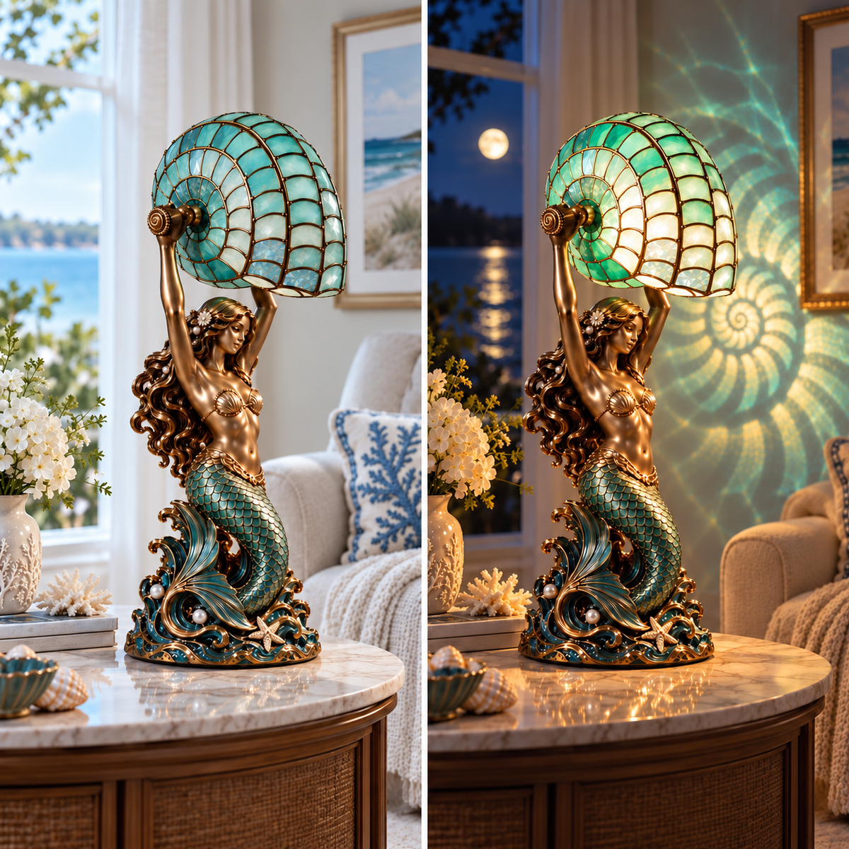 🧜‍♀️ Mermaid’s Nautilus Stained Glass Lamp | An Enchanting Ocean Glow 🌊✨