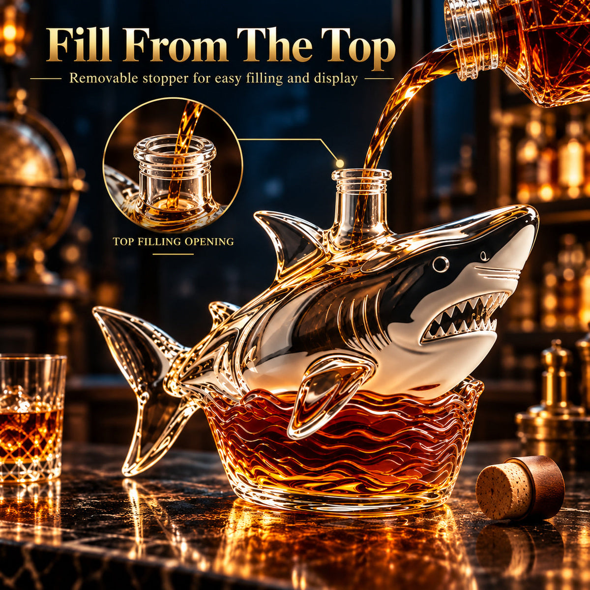 🦈 Shark Dram Decanter 🌊 Ocean-Inspired Collector’s Home Bar Display