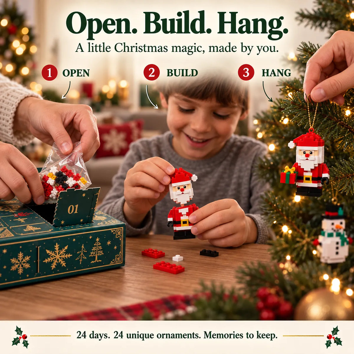 🎄 24-Day Christmas Mini Brick Ornament Advent Calendar – Build, Hang & Countdown