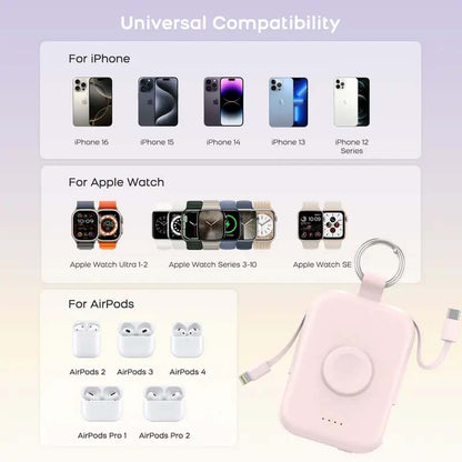 🔋5000mAh Portable Power Bank with Built-in Cables – 3-in-1 Travel Keychain Charger for iPhone, Apple Watch & AirPods, Compact Fast Charging Battery Pack