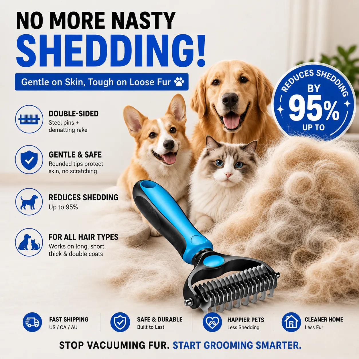 🐾 50% OFF Pet Grooming & Deshedding Brush – Gentle Loose Hair Removal for Easy Everyday Grooming