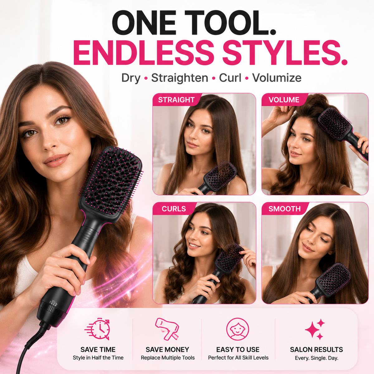 🔥 49% OFF 2-in-1 Hair Dryer Brush ✨ Ionic Hot Air Volumizer & Styler
