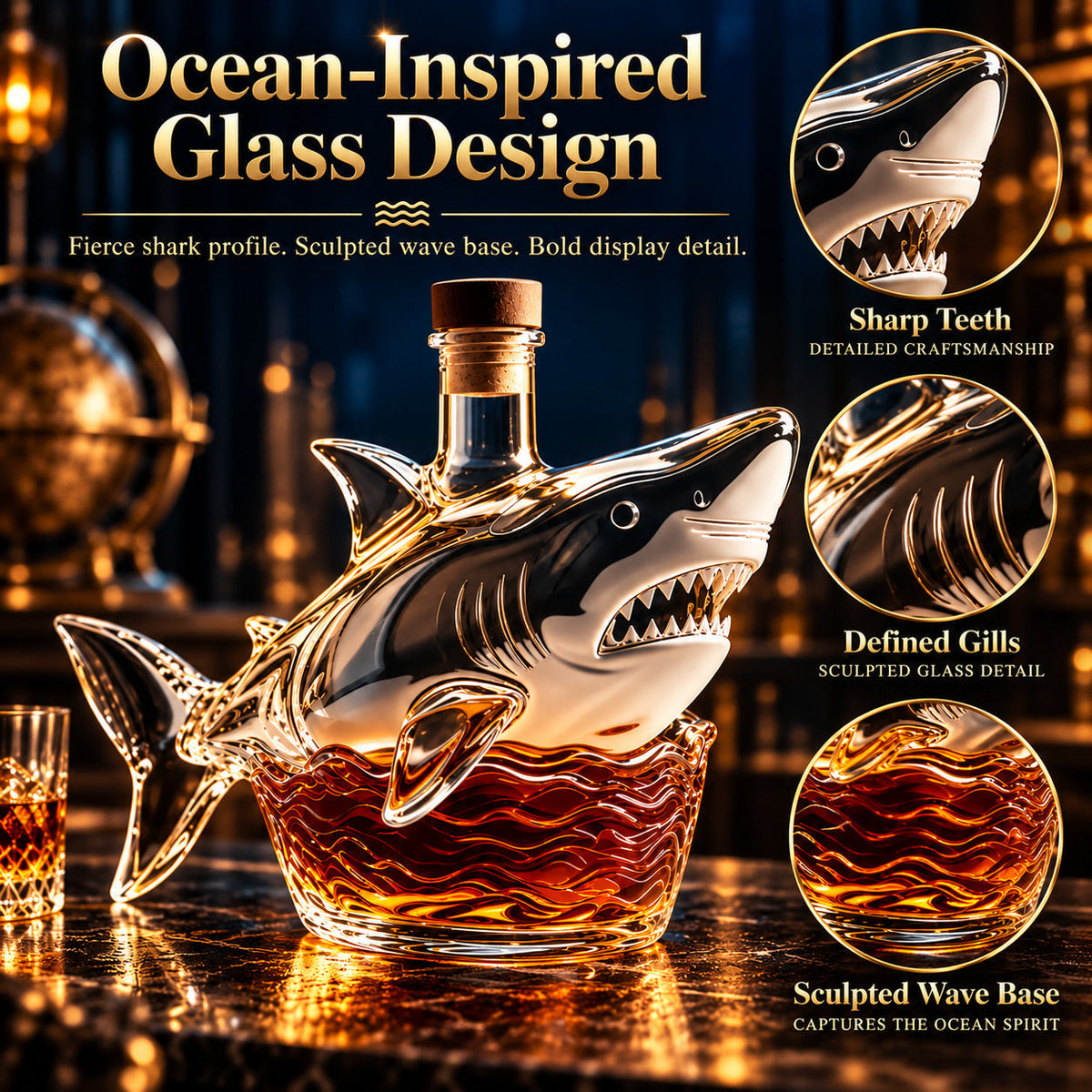 🦈 Shark Dram Decanter 🌊 Ocean-Inspired Collector’s Home Bar Display