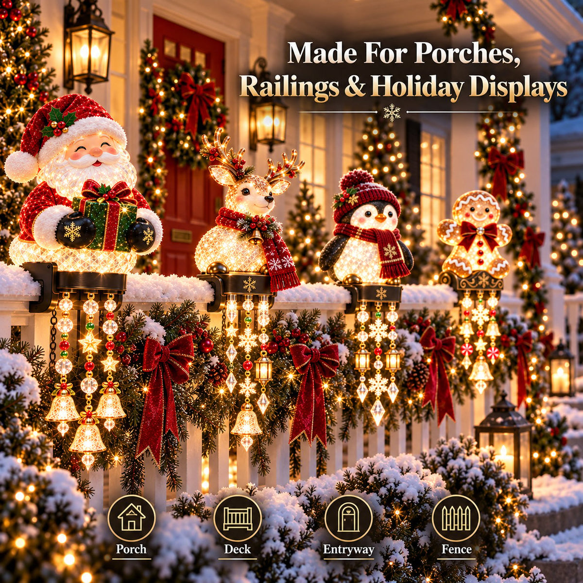 ✨ Lighted Christmas Porch Railing Hanging Characters with Cascading LED Ornaments 🎄