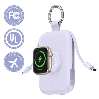 🔋5000mAh Portable Power Bank with Built-in Cables – 3-in-1 Travel Keychain Charger for iPhone, Apple Watch & AirPods, Compact Fast Charging Battery Pack