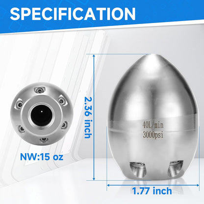 💦 3000 PSI 40 L/Min 3/8''  NPT Stainless Steel Sewer Jetter Nozzle for Pressure Washers
