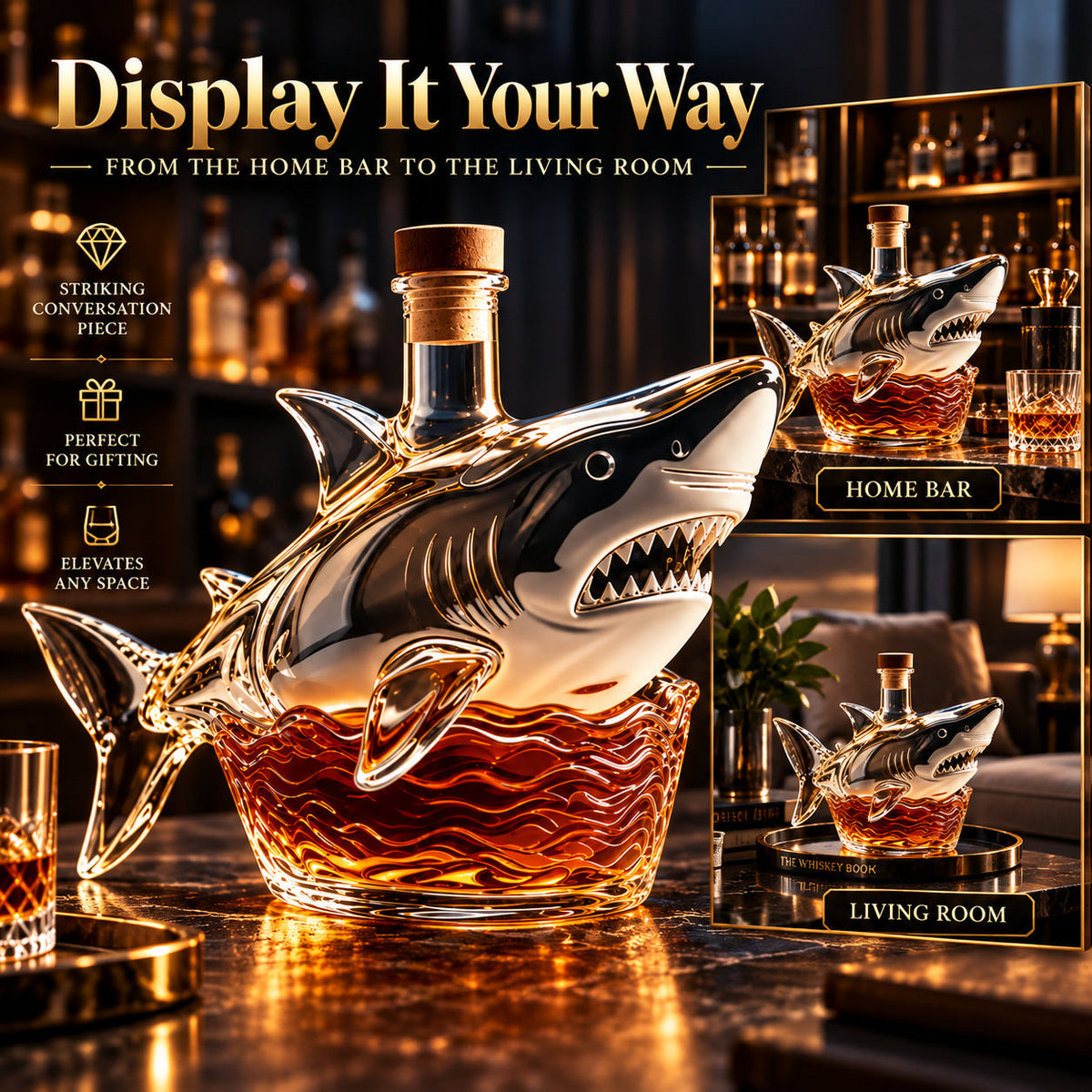🦈 Shark Dram Decanter 🌊 Ocean-Inspired Collector’s Home Bar Display