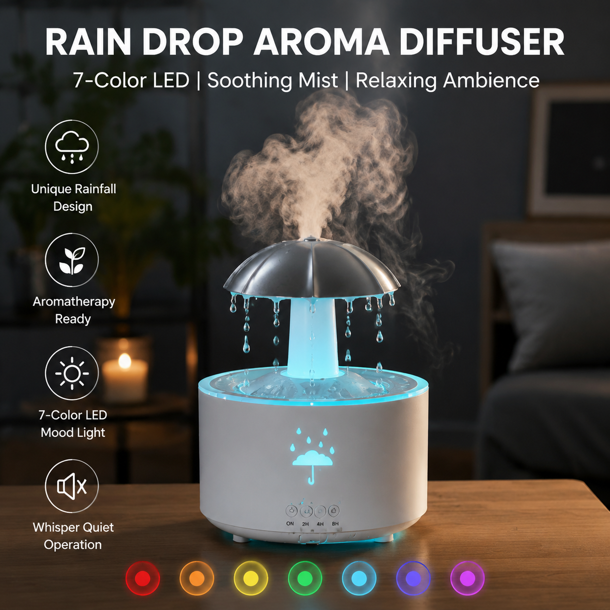 7-Color Rain Drop Aroma Diffuser | Rotating Mist Humidifier with LED Mood Light for Home & Office