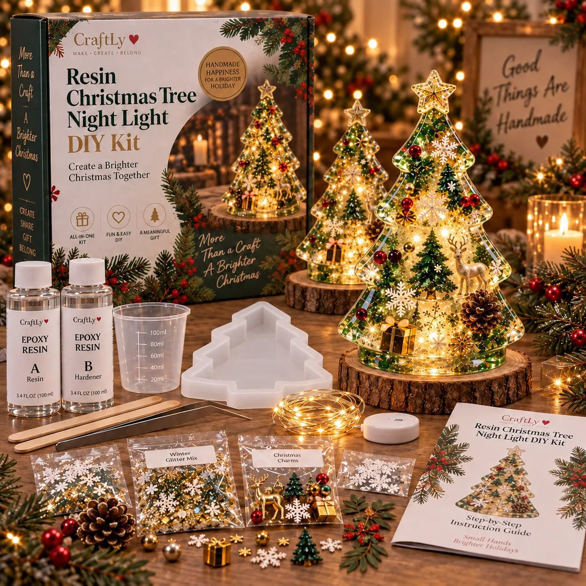 🔥HOT SALE🔥🎄 DIY Crystal Resin Christmas Tree Night Light Craft Kit with Warm Fairy Lights ❄️