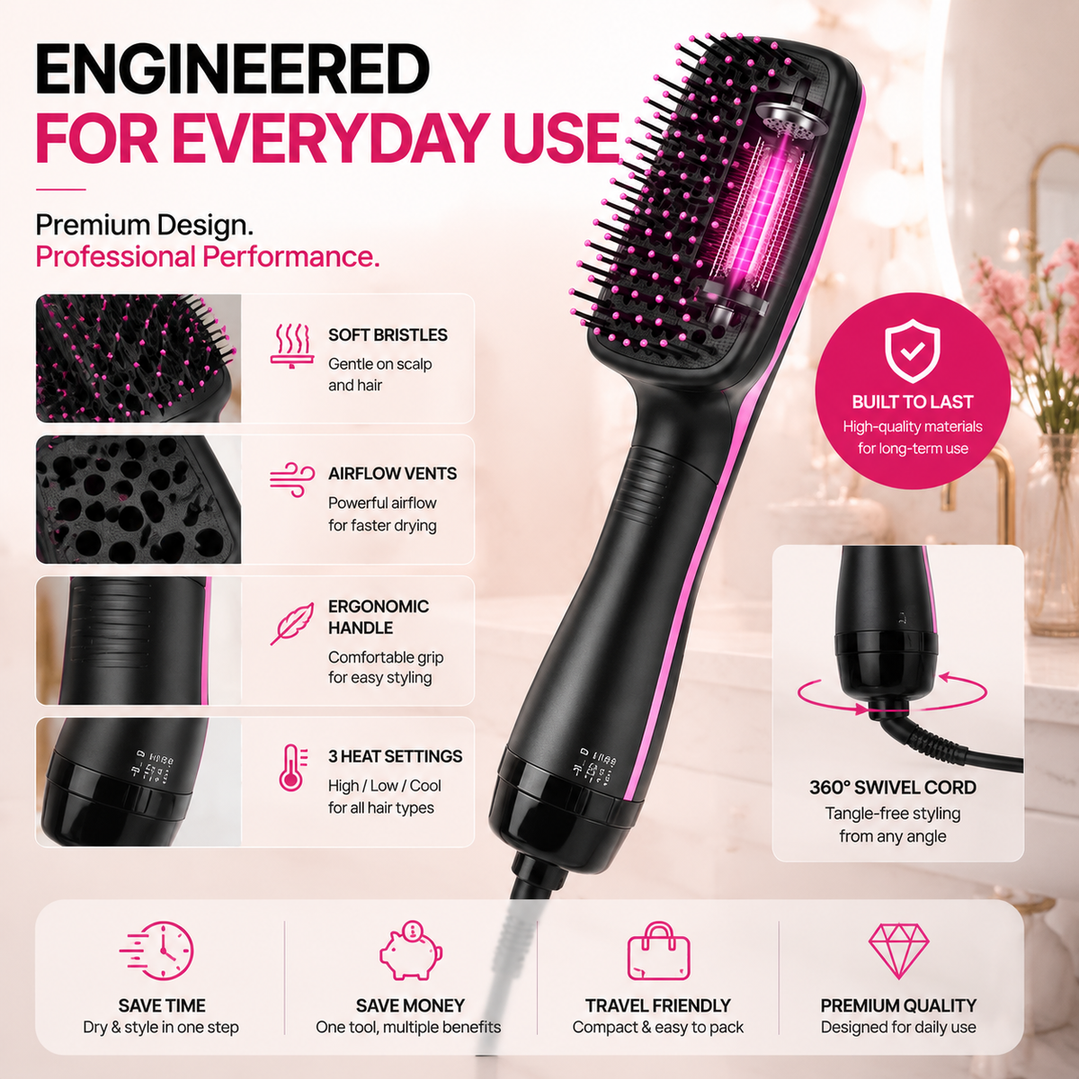 🔥 49% OFF 2-in-1 Hair Dryer Brush ✨ Ionic Hot Air Volumizer & Styler