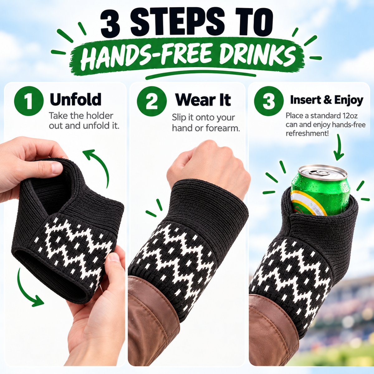🍻 Hands-Free Wearable Can Holder – Cozy Knit Drink Sleeve for Game Day
