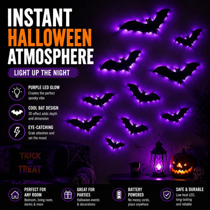 🦇Halloween decorative items - 3D black bat wall stickers with LED lights