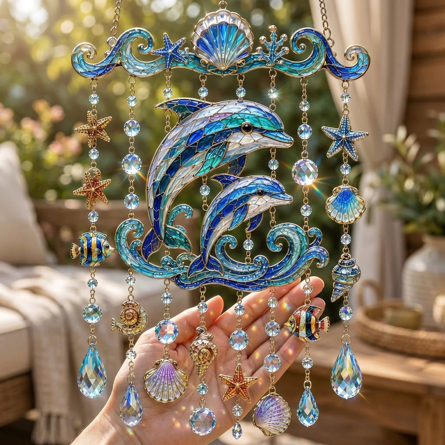 🔥🐋🐢🐬Ocean-Themed Crystal Wind Chime – 🌊Bring the Ocean Glow to Your Garden