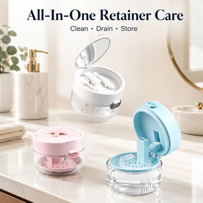 🦷 All-in-One Retainer Cleaning Case with Mirror Brush & Soaking Tray